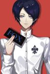  1boy blue_hair buttons card commentary english_commentary english_text eroka404 grey_eyes hand_up highres holding holding_card kitagawa_yuusuke long_sleeves looking_at_viewer male_focus parted_lips persona persona_5 red_background school_uniform shirt short_hair simple_background solo turtleneck upper_body white_shirt 