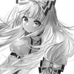  1girl arms_at_sides blunt_bangs blurry blush bow closed_mouth dot_nose expressionless from_behind fujiwara_no_mokou greyscale hair_bow hime_cut hinasumire long_hair long_sleeves looking_at_viewer monochrome shirt sidelocks simple_background sleeve_garter solo suspenders touhou upper_body very_long_hair white_background 