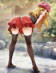 1girl ass bent_over black_tail black_thighhighs blonde_hair blue_eyes blurry blurry_background blush dated forest from_behind hands_on_own_thighs huge_ass long_hair looking_at_viewer mina_cream nail_polish nature no_shoes official_art pink_headwear pokemon pokemon_(game) pokemon_xy red_skirt serena_(pokemon) signature skirt sleeveless sunglasses thighhighs 