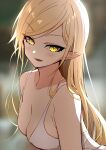  1girl absurdres aged_down aged_up arms_at_sides backlighting bare_arms bare_shoulders blonde_hair blurry blurry_background blush breasts chinese_commentary cleavage collarbone commentary depth_of_field dress fang from_side hair_strand highres kiss-shot_acerola-orion_heart-under-blade kizumonogatari leaning_forward light_blush long_hair looking_at_viewer looking_to_the_side medium_breasts mixed-language_commentary monogatari_(series) mutsu_aya narrowed_eyes oshino_shinobu outdoors parted_lips plunging_neckline pointy_ears ringed_eyes skin_fang sleeveless sleeveless_dress slit_pupils solo upper_body v-shaped_eyebrows white_dress yellow_eyes 