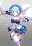  1girl absurdres ankle_boots artist_name blue_eyes blue_footwear blue_hair blue_skirt blush boots breasts cape closed_mouth commentary_request cowboy_shot elbow_gloves gloves gradient_background hair_ornament highres holding holding_sword holding_weapon knee_up kurono_(pixiv_97973531) looking_at_viewer magical_girl mahou_shoujo_madoka_magica mahou_shoujo_madoka_magica_(anime) medium_breasts miki_sayaka musical_note musical_note_hair_ornament short_hair skirt smile solo soul_gem sword thighhighs weapon white_cape white_gloves white_thighhighs zettai_ryouiki 