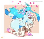  &lt;3 animal_print anthro big_breasts big_butt blue_body breasts butt cleavage clothed clothing cow_print cowbell eeveelution female generation_4_pokemon glaceon hi_res ipan legwear nintendo nipple_outline pokemon pokemon_(species) solo thick_thighs thigh_highs thong underwear 