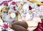  1girl azur_lane black_ribbon black_thighhighs blush cameltoe commentary_request cross_hair_ornament detached_sleeves flandre_(azur_lane) flat_chest flower garter_straps grey_hair hair_ornament hair_ribbon highres leotard long_hair long_sleeves looking_at_viewer lying marker_(medium) narrowed_eyes on_back open_mouth partial_commentary puffy_sleeves purple_eyes red_ribbon ribbon rose smile solo thighhighs thighs traditional_media whipberry white_leotard 