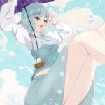  1girl blue_eyes blue_hair blue_jacket blue_skirt cloud cloudy_sky heterochromia highres jacket lemon_t_(whimsicalcatx) long_sleeves red_eyes shirt skirt sky solo tatara_kogasa tatara_kogasa_(umbrella) thighs touhou white_shirt 