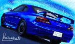 artist_name blue_background blue_car car dutch_angle highres kaiware motor_vehicle nissan nissan_s15_silvia nissan_silvia no_humans original shadow signature spoiler_(automobile) sports_car vehicle_focus 