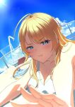  1girl ahoge bikini blonde_hair blue_eyes blurry blush breasts cleavage cup depth_of_field drinking_glass hachimiya_meguru highres idolmaster idolmaster_shiny_colors large_breasts looking_at_viewer misanga_(hxjd5354) ocean pout railing solo swimsuit white_bikini 