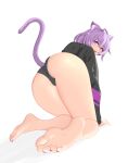  1girl absurdres animal_ears ass ass_focus barefoot bent_over blush cat_ears cat_girl cat_tail feet from_behind highres hololive kneeling looking_at_viewer looking_back nekomata_okayu nekomata_okayu_(1st_costume) open_mouth panties presenting soles tail thighs tumy underwear virtual_youtuber 