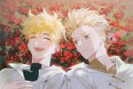  2boys :d ^_^ black_shirt blonde_hair blue_eyes brothers closed_eyes closed_mouth collared_shirt flower grey_shirt highres male_focus millions_knives mole mole_under_eye multiple_boys open_mouth red_flower shirt short_hair siblings smile teeth trigun trigun_stampede upper_teeth_only vash_the_stampede white_shirt white_som 