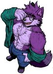  abs absurd_res anthro bottomwear canid canine canis clothed clothing colored dark_ears eyewear fluffy fur glasses hi_res jwbash looking_at_viewer male mammal muscular muscular_anthro muscular_male nipples open_clothing open_mouth open_shirt open_smile open_topwear pants pecs purple_body purple_fur shirt sketch smile solo teeth topwear undressing wolf 