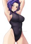  1girl absurdres armpits arms_behind_head arms_up belt blue_one-piece_swimsuit boku_no_hero_academia breasts covered_navel dress highres impossible_clothes impossible_dress impossible_swimsuit lady_nagant large_breasts medium_hair multicolored_hair nassss one-piece_swimsuit purple_eyes purple_hair sideboob sleeveless sleeveless_turtleneck solo streaked_hair sweat swimsuit taut_clothes taut_dress taut_swimsuit turtleneck turtleneck_dress twitter_username two-tone_hair wavy_hair 