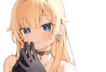  1girl aizawa_ema bare_shoulders black_gloves blonde_hair blue_eyes blush cat_earrings closed_mouth collarbone commentary_request gloves hair_between_eyes highres long_hair looking_at_viewer seramikku simple_background smile solo steepled_fingers upper_body virtual_youtuber vspo! white_background 