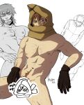  1boy abs alternate_body_hair arm_hair armpit_hair bara beard blue_eyes brown_hair censored character_censor chest_hair chibi chibi_inset collage completely_nude facial_hair feet_out_of_frame fur_hat golden_kamuy hairy hat highres leg_hair looking_to_the_side male_focus mature_male muscular muscular_male navel navel_hair nipples novelty_censor nude pectorals roxiee-chan scar scar_on_face scar_on_mouth short_hair sideburns sitting sketch stomach thighs toned toned_male ushanka vasily_(golden_kamuy) 