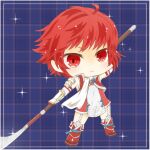  armor chibi fire_emblem fire_emblem_fates full_body hinoka_(fire_emblem) holding holding_polearm holding_weapon japanese_armor japanese_clothes kotoriya_kuguri looking_at_viewer naginata polearm red_eyes red_hair solo weapon 