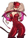  1girl blonde_hair blue_eyes bodysuit boots breasts cat_mask catsuit cleavage fake_tail full-length_zipper gloves highres holding holding_whip knee_boots kukumomo large_breasts leather long_hair looking_at_viewer mask navel one_eye_closed panther_tail parted_lips partially_unzipped persona persona_5 pink_gloves pursed_lips red_bodysuit rubber_gloves solo tail takamaki_anne thigh_boots twintails unzipped whip white_background zipper 
