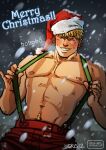  1boy bara blonde_hair blush breath cowboy_shot cris_art ear_piercing grin hat hulkling looking_at_another male_focus marvel merry_christmas muscular muscular_male navel_hair one_eye_closed pants pectorals piercing red_pants santa_hat seductive_smile short_hair smile snowing solo suspenders_pull thick_eyebrows topless_male 