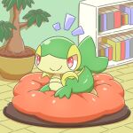  ambiguous_gender anthro biped detailed_background generation_5_pokemon green_body hi_res leaf_tail lying nintendo on_front pokemon pokemon_(species) red_eyes smile snivy solo tan_body yellow_body yoshi00000091 