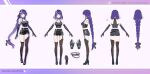  0jae 1girl absurdres alternate_costume asymmetrical_legwear bare_shoulders black_footwear black_gloves black_ribbon black_shorts black_thighhighs boots braid character_name closed_mouth cross-laced_clothes cross-laced_footwear elbow_gloves full_body genshin_impact gloves hair_ornament hair_ribbon highres jewelry knee_boots long_hair looking_at_viewer mole mole_under_eye moon_(ornament) multiple_rings multiple_views over-kneehighs parted_lips purple_eyes purple_hair raiden_shogun reference_sheet ribbon ring shorts simple_background smile standing thighhighs 