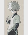  1boy absurdres electricity electrokinesis enoki_(gongindon) hand_in_pocket highres hunter_x_hunter killua_zoldyck long_sleeves looking_at_viewer male_child male_focus nen_(hunter_x_hunter) serious shirt short_hair simple_background solo spiked_hair white_hair white_shirt 