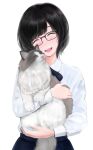 1girl akito1218 animal black_bow black_bowtie black_hair black_skirt bow bowtie cat closed_eyes facing_viewer glasses highres holding holding_animal long_sleeves open_mouth original ragdoll_(cat) school_uniform short_hair simple_background skirt smile solo white_background 