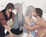  1boy 1girl beard_stubble black_hair blue_eyes blue_shirt clive_rosfield facial_hair final_fantasy final_fantasy_xvi flower french_kiss grey_hair highres jill_warrick kiss muscular muscular_male red_shirt scar scar_on_face shirt slackertherubycat square_enix teardrop_earrings 