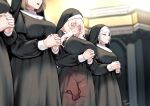  4girls absurdres blanche_neige_(svet_yomi) blush breasts catholic closed_eyes dress faceless faceless_female female_masturbation habit highres large_breasts long_dress long_hair long_sleeves masturbation medium_breasts multiple_girls nun original own_hands_clasped own_hands_together palms_together panties praying sex_toy short_hair svet_yomi thick_thighs thighhighs thighs traditional_nun underwear vibrator vibrator_in_thighhighs wavy_hair white_hair white_panties x-ray 