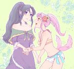  2girls :d bare_shoulders bikini blue_bow blue_eyes blue_hair bow breasts choker closed_mouth dress earrings floral_background flower frilled_bikini frills hair_flower hair_ornament hair_ribbon halterneck hokuru holding jewelry long_hair mavelle_froessen medium_breasts millie_chliette mismatched_bikini multicolored_bikini multicolored_clothes multiple_girls navel open_mouth parted_bangs pink_eyes pink_flower pink_hair pointy_ears ponytail purple_dress ribbon sidelocks smile standing star_ocean star_ocean_anamnesis star_ocean_first_departure straight_hair striped striped_bikini swimsuit tail wrist_flower yellow_flower 