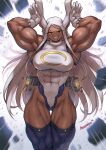  1girl abs animal_ears armpits blue_thighhighs boku_no_hero_academia breasts commentary dark-skinned_female dark_skin english_commentary gloves highres large_breasts leotard long_hair looking_at_viewer mirko muscular muscular_female nestkeeper rabbit_ears rabbit_girl red_eyes smile solo standing thighhighs thighs white_gloves white_hair white_leotard 