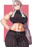  1girl abs antenna_hair belt commission cromwellb crop_top dana_zane hand_on_own_hip highres looking_at_viewer muscular muscular_female pixiv_commission prosthesis prosthetic_arm short_hair solo striped sweat towel towel_around_neck va-11_hall-a white_hair 