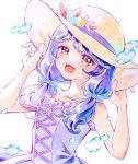  1girl :d arm_up blush bow brown_eyes commentary_request dress ess hat highres lilylily0601 looking_at_viewer low_twintails magical_girl open_mouth precure purple_hair seashell shell sleeveless smile solo sun_hat suzumura_sango teeth tropical-rouge!_precure twintails upper_teeth_only water water_drop white_background 