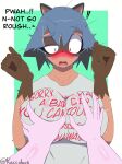  absurd_res animal_humanoid anthro big_breasts blue_hair blush brand_new_animal breast_grab breast_squish breasts brown_body brown_fur canid canid_humanoid canine canine_humanoid clothed clothing digital_drawing_(artwork) digital_media_(artwork) disembodied_hand embarrassed english_text female fondling fur grope hair hand_on_breast hi_res humanoid keccubus mammal mammal_humanoid michiru_kagemori open_mouth pink_body raccoon_dog shirt simple_background solo squish studio_trigger suprised_look tanuki tanuki_humanoid text text_on_clothing text_on_shirt text_on_topwear topwear 