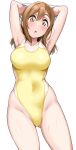 1girl :o armpits arms_up ass_visible_through_thighs blush breasts brown_hair collarbone commentary competition_swimsuit hair_between_eyes highleg highleg_swimsuit highres kunikida_hanamaru long_hair looking_at_viewer love_live! love_live!_sunshine!! medium_breasts one-piece_swimsuit open_mouth simple_background solo sweat swimsuit two-tone_swimsuit white_background wide-eyed yellow_eyes yopparai_oni 