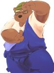  0ottotto0 2023 absurd_res anthro bear brown_body clothing eyes_closed eyewear glasses hat headgear headwear hi_res humanoid_hands kemono male mammal overalls overweight overweight_male shirt solo topwear 