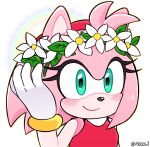  2023 4622j accessory amy_rose anthro black_nose blush bust_portrait clothing eulipotyphlan eyelashes female flower flower_crown fur gloves green_eyes hair_accessory hairband handwear hedgehog hi_res looking_at_viewer mammal pink_body pink_fur plant portrait sega signature simple_background smile solo sonic_the_hedgehog_(series) white_background 