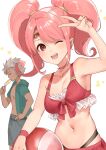  1boy 1girl alternate_costume ball beachball bikini boey_(fire_emblem) breasts brown_eyes circlet fire_emblem fire_emblem_echoes:_shadows_of_valentia food food_in_mouth frilled_bikini frills haru_(nakajou-28) holding holding_ball holding_beachball holding_popsicle looking_at_viewer mae_(fire_emblem) male_swimwear medium_breasts navel open_mouth pink_bikini pink_hair popsicle popsicle_in_mouth red_bikini smile star_(symbol) swim_trunks swimsuit teeth twintails upper_body upper_teeth_only v white_background white_hair wristband 