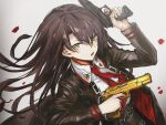 1girl artist_request black_jacket brown_hair commentary_request cz_75 dual_wielding falling_petals finger_on_trigger floating_hair girls&#039;_frontline golden_gun gun hair_between_eyes hand_up handgun holding holding_gun holding_weapon jacket korean_commentary long_hair long_sleeves looking_at_viewer necktie nz75_(girls&#039;_frontline) open_clothes open_jacket open_mouth petals red_necktie rose_petals shirt simple_background solo third-party_source upper_body v-shaped_eyebrows weapon white_background white_shirt yellow_eyes 