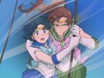  2girls bishoujo_senshi_sailor_moon blue_eyes blue_hair blush brown_hair earrings green_eyes hair_bobbles hair_ornament jewelry kino_makoto long_hair mizuno_ami multiple_girls open_mouth ponytail sailor_jupiter sailor_mercury sailor_senshi_uniform short_hair tiara ticcy 