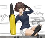  akiyama_yukari blouse blue_jacket blurry blurry_background boots brown_eyes girls_und_panzer gloves highres jacket jos91doodles messy_hair military_vehicle motor_vehicle mountainous_horizon salute shirt skirt smile tank tank_shell thick_thighs thighs white_skirt 