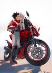  2boys aged_up alternate_costume biker_clothes black_hair black_necktie black_suit full_body gon_freecss helmet highres holding holding_helmet hunter_x_hunter jacket k.g_(matsumoto_zo) killua_zoldyck kiss long_sleeves male_focus motor_vehicle motorcycle motorcycle_helmet multiple_boys necktie open_clothes open_jacket profile red_jacket shadow short_hair simple_background spiked_hair suit white_hair yaoi 