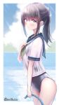  1girl black_hair blue_eyes embarrassed empty_pool hand_on_own_chest highres holding holding_hose hose nushi_ma one-piece_swimsuit original outdoors ponytail pool school_swimsuit school_uniform see-through serafuku solo swimsuit swimsuit_under_clothes wet wet_clothes 