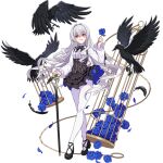  1girl allan_poe_(honkai_impact) animal bird birdcage black_footwear blue_flower blue_rose cage cane crow falling_petals feathers flower full_body holding holding_cane holding_flower honkai_(series) honkai_impact_3rd long_hair official_art petals red_eyes rose shoes skirt smirk third-party_source transparent_background white_hair 