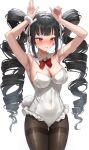  1girl absurdres armpits arms_up ass_visible_through_thighs black_hair blush bow bowtie breasts celestia_ludenberg cleavage covered_navel danganronpa:_trigger_happy_havoc danganronpa_(series) detached_collar drill_hair fake_tail frilled_leotard frills hair_ornament highres jjuha6 large_breasts leotard long_hair looking_to_the_side mole mole_under_eye pantyhose playboy_bunny rabbit_pose rabbit_tail red_bow red_bowtie red_eyes sidelocks solo strapless strapless_leotard sweat tail thigh_gap thighband_pantyhose twin_drills twintails white_leotard 