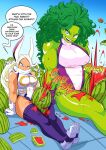  2girls animal_ears bare_legs bare_shoulders between_thighs biceps boku_no_hero_academia breasts bursting colored_skin crescent_print crushing dark-skinned_female dark_skin english_commentary english_text feet_out_of_frame food fruit fur_collar gloves green_eyes green_hair green_skin highleg highleg_leotard highres large_breasts legs_together leotard long_eyelashes long_hair looking_at_another marvel mirko multiple_girls muscular muscular_female one_eye_closed parted_bangs puffy_cheeks purple_gloves purple_thighhighs rabbit_ears rabbit_girl red_eyes she-hulk sitting sleeveless_turtleneck_leotard smile sonchapo sound_effects speech_bubble superhero sweat tall_female taut_leotard teeth thick_thighs thighhighs thighs toned v-shaped_eyebrows very_long_hair watermelon watermelon_between_thighs white_gloves white_hair white_leotard 