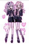  2girls black_footwear blazer blonde_hair blue_eyes blue_jacket blue_skirt ensemble_stars! full_body genderswap genderswap_(mtf) grey_hair grey_socks half_updo high_side_ponytail highres jacket kimichinoname multiple_girls narukami_arashi purple_eyes school_uniform sena_izumi_(ensemble_stars!) shirt skirt socks yellow_shirt 