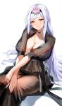  1girl black_choker black_hairband black_lilith_(last_origin) breasts choker cleavage dress flower grey_dress hair_flower hair_ornament hairband highres huge_breasts last_origin long_hair looking_at_viewer pinkmill see-through sitting smile solo v_arms very_long_hair white_hair yellow_eyes 