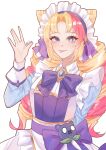  1girl :p artist_name black_bow black_bowtie blonde_hair bow bowtie breasts cafe_cuties_(league_of_legends) cafe_cuties_gwen cone_hair_bun drill_hair gem gwen_(league_of_legends) hair_bow hair_bun hand_up highres league_of_legends long_hair long_sleeves looking_at_viewer maid maid_headdress multicolored_hair parted_bangs pink_hair shasha_alisha simple_background smile solo symbol_in_eye tongue tongue_out twin_drills twintails two-tone_hair white_background 