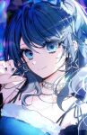  1girl bare_shoulders black_ribbon blue_bow blue_eyes blue_hair blue_nails bow chain_necklace earrings hair_ornament hairclip highres hoshino_ichika_(project_sekai) jewelry necklace opal project_sekai ribbon smile spaghetti_strap star_(symbol) star_earrings star_hair_ornament 