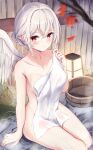  1girl grey_hair highres kishin_sagume naked_towel niko_kusa red_eyes short_hair single_wing sitting solo touhou towel white_towel white_wings wings 