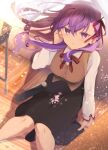  1girl black_skirt brown_vest collared_shirt cross_print desk fate/stay_night fate_(series) hair_ribbon highres hiiragi_ken homurahara_academy_school_uniform long_hair matou_sakura neck_ribbon on_floor petals purple_eyes purple_hair red_ribbon ribbon school_desk school_uniform shirt sitting skirt solo tears vest white_shirt 