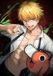  1boy :p abs absurdres black_necktie blonde_hair chainsaw chainsaw_man collared_shirt denji_(chainsaw_man) hakusyokuto handle highres looking_at_viewer male_focus navel necktie pochita_(chainsaw_man) pull_cord ringed_eyes sharp_teeth shirt short_hair sleeves_rolled_up smile stylized_blood teeth tongue tongue_out white_shirt yellow_eyes 