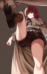  1boy 1girl absurdres ahoge bdsm belt boots breasts brown_belt brown_footwear brown_shorts cape cbt censored chubb commentary_request crotch_kick disgust eris_greyrat from_below grey_background grey_cape highres kicking long_hair long_sleeves mushoku_tensei penis red_eyes red_hair shirt shorts simple_background small_breasts testicles thighs white_shirt 